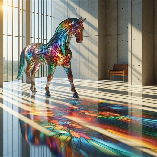 The Stained Glass Horse:- In the gallery’s hush of colored light, A horse stood frozen, jewel-bright. Amber flanks and sapphire mane, A prism bound in leaded chain. But midnight stirred the glassy veins, The panels quivered, loosed their reins. With hooves of crystal, eyes aflame, The horse leapt free, no longer tame. Through shattered panes it ran outside, Past marble halls where shadows hide. Into the night, to fields unbound, Where no walls hemmed, no masters found. Now legends tell of sparks
