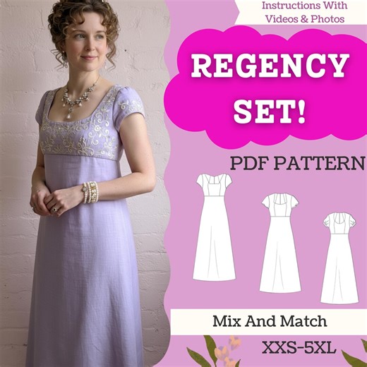 Regency Dress Sewing Pattern Set – Mix & Match Empire-waist Gown PDF (a0/a4/letter, XXS–5XL, Beginner-friendly) - Etsy UK