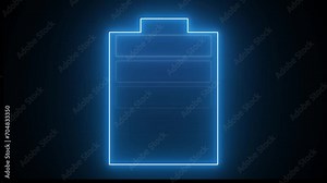 Glowing blue neon battery icon with charging level on a black background. Charging level-up neon battery symbol