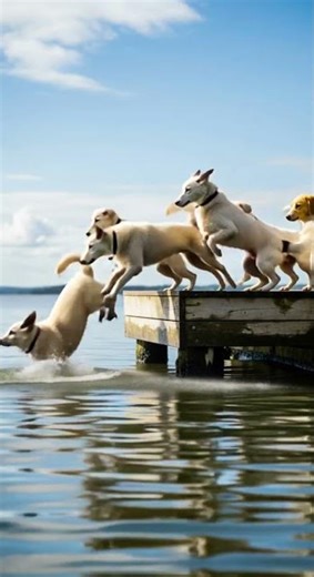 A line of white dogs jumping off a dock into the lake, one after another.