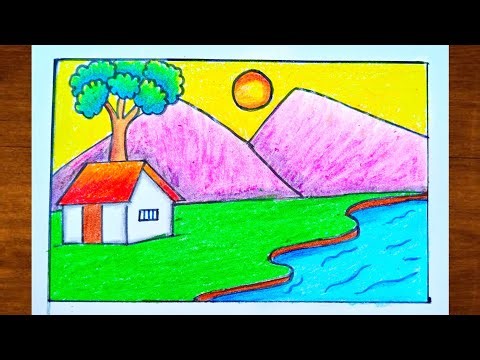How to draw easy scenery drawing, landscape pahar and river side scenery drawing step by step