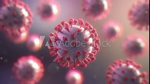 Realistic coronavirus medical background. Close-up center view of the corona virus under microscope. SARS-CoV-2 COVID-19 pandemic outbreak concept. Realistic high quality medical 3d animation.