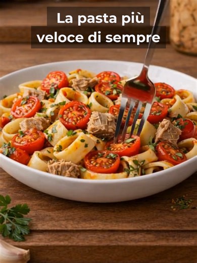 Calamarata al tonno, semplice e fatta bene. 🛒 Ingredienti (1 persona) 90 g calamarata 80 g tonno sott’olio (sgocciolato), naturale versione FIT 8–10 pomodorini 1 spicchio d’aglio Olio extravergine d’oliva (3 cucchiai) Olive (opzionale) Sale Peperoncino (opzionale) Prezzemolo spolverata Procedimento: Cuoci la calamarata in acqua salata. In padella scalda olio e uno spicchio d’aglio. Aggiungi il tonno e fallo insaporire. Unisci i pomodorini e cuoci pochi minuti. Scola la pasta, saltala in padella