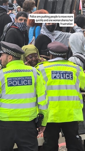 Betty Dempsey on Instagram: "Confusion at the Excel arms fair as police implement two sections outside two different gates, and then appear to direct protestors into one of the sections."