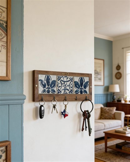 Rustic Wooden Key Holder With Spanish Tile & Bronze Hooks - Etsy