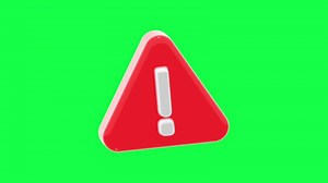 4K 3D animation of red warning triangle featuring exclamation mark on green screen background ideal for alerts safety messages caution signs or hazard visuals