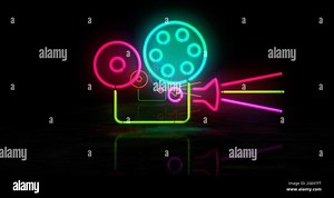 Cinema neon symbol. Movie projector, film, video camera, multimedia and entertainment light color bulbs. Abstract concept 3d illustration Stock Photo - Alamy