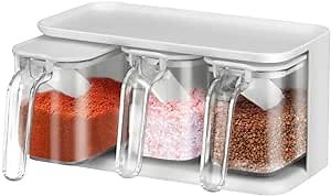 Dalanpa Clear Seasoning Storage Container, Wall Mounted 3 Piece Condiments & Spice Box Set with Lid, Handle and Spoons, Seasoning Box for Spice Salt Sugar (White)