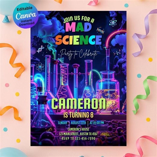 Mad Science Birthday Party Invitation | Editable Template Invite | Experiments Theme | Instant Download - Etsy