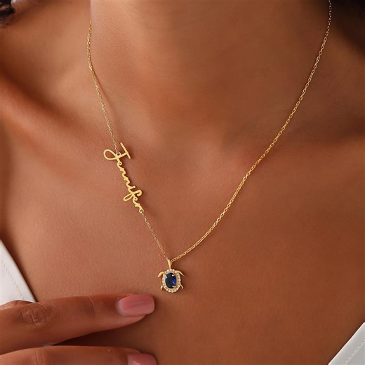 Turtle Necklace, Personalized Birthstone With Turtle Pendant, Dainty Turtle Necklace, Name Necklace, Animal Pet Necklace, Jewelry for Her - Etsy