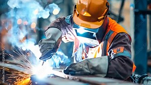Welder wearing working with sparks flying in a factory. Industry manufacturing and production concept. Industrial technician specialist. Workers Day, USA Labor Day