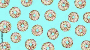 Tasty donuts wiggle at cyan background. Abstract colorful animation. Donuts rotating and falling down - seamless loop.