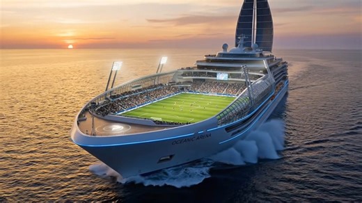 A full-size stadium… on a ship 🌊⚓ This is next-level engineering, where sports meet the ocean. Would you watch a match here? #futuretech #Giants #ship #ocean #innovations #technology #fbreels | Titan Creation