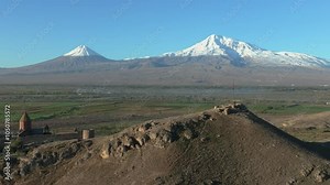 Drone footage of Khor Virap monastery and the Biblical Mount Ararat in the Ararat Plain in Armenia
