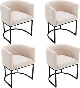 HNY Mid Century Modern Upholstered Dining Chairs with Arms Set of 4, Contemporary Linen Kitchen & Dining Room Chairs, 18.5" Wide Accent Chair for Dining Room Living Room with Black Metal Frame, Cream