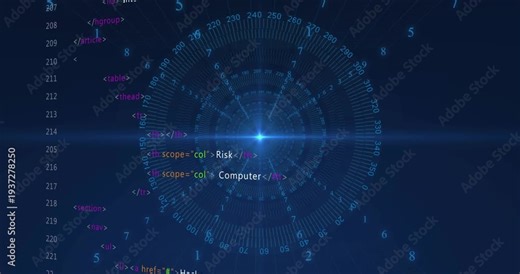 Blue core appearing, radial HUD rotating and pulsing while code column scrolling, showing threats