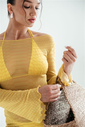 Yellow Mesh Sun Cover Dress, Sheer Beach Tunic, Bell Sleeve Resort Cover Up, Lightweight Sun Layer, Handmade Mesh Beachwear, Vacation Outfit - Etsy