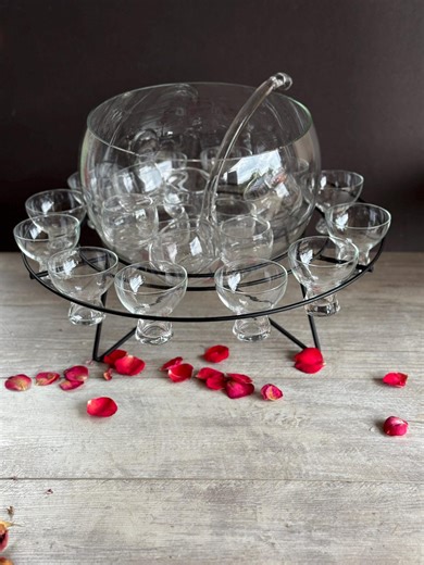 Vintage Dorothy Thorpe Punch Bowl on Atomic Stand With 12 Mushroom Glasses and Ladle - Etsy