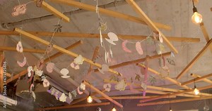 Ceiling decor elements in urban cafe for creating ambiance, adding style and coziness to establishment. Visual reference for designers, architects and cafe owners regarding ceiling decoration elements