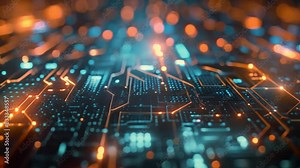 This Detailed view of a computer circuit board showing various interconnected components.