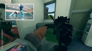 Augmented reality, futuristic gaming technology, virtual 3D video game concept. Team of gamers are playing a shooting game in virtual reality