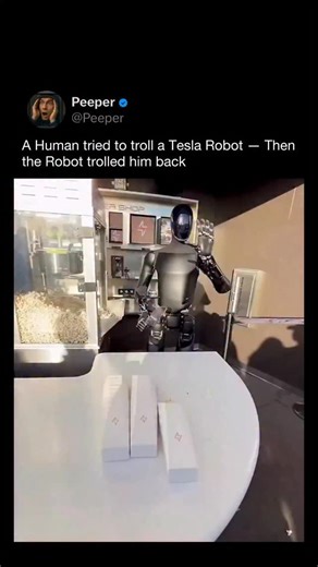PEEPER on Instagram: "This clip features Tesla’s humanoid robot Optimus during a public demo, where its reactions were interpreted online as “trolling” a human. In reality, the robot was responding to preprogrammed behaviors and sensor inputs. Optimus uses cameras, force sensors, and AI models to detect gestures and objects, allowing it to wave, grasp items, or pause when something unexpected happens. These responses can look intentional or humorous, even though no emotion or awareness is involv