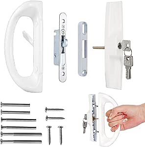 Young Dance Patio Sliding Door Handle Set with Mortise Lock, Perfect Replacement Sliding Door Handle with Key Lock Fits Patio Doors, Only Fit 1-1/2" to 1-3/4", 3-15/16" Screw Hole Spacing（White）
