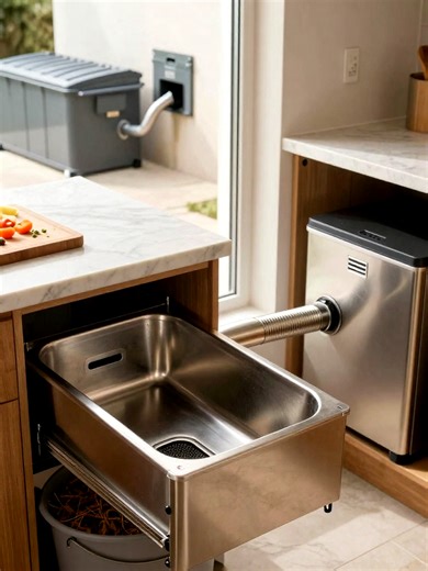 Built-In Compost Drawer Carbon-Filter Chute System Design a built-in compost station for a big family kitchen that includes a compost drawer with carbon filter, under-sink automatic composting unit options, and an exterior compost chute feeding an insulated outdoor bin, all optimized for odor control and high-volume food scrap handling; include keywords like built-in compost drawer, carbon filter compost system, kitchen compost chute, family kitchen compost solution, under-sink composter, outdoo