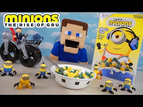 Eating Minions 2 CEREAL - Rise of Gru vs Puppet Steve! Imaginext Breakfast Adventure