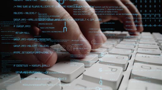 Close-up of Hands Typing on a Computer Keyboard with a Digital Code Overlay Representing Data Processing and Technology Stock Footage - Video of interface, electronic: 450096612