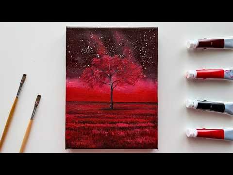 Red Tree and Glowing Sky | Acrylic Landscape Painting Tutorial