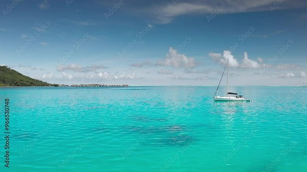 Sailboat yacht floating turquoise lagoon of French Polynesia, tropical island and bungalows in background. Crystal clear water, blue sky, sunny day. Remote wild nature paradise, exotic summer travel