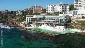 Bondi Icebergs in Bondi Sydney, Australia. Sliding Drone shot