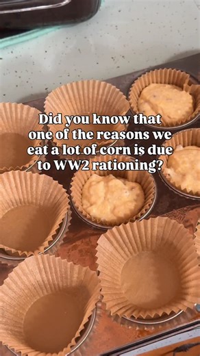 Rationing changed so many things about how we eat and corn was a part of that. Cornbread has been around for a lot time with Indigenous roots but it gained even more popularity while flour was rationed. It’s still an American staple for a good reason! And if you want to try this 1940s version just comment ‘bacon cornbread’ and I’ll send you the recipe. Video description: Lisa putting cornbread batter in a muffin pan, followed by a plate of cooked muffins and Lisa splitting one open. Text reads D