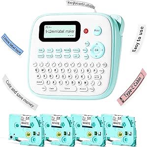 Vixic Label Maker Machine with 4 Tapes, D210S Label Maker Machine, Portable Label Maker with Keyboard, QWERTY Keyboard Handheld & Easy to use, Multiple Fonts Frames for Home/Office/School, Green