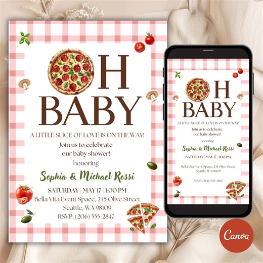 Pizza Baby Shower Invitation Template, Oh Baby Pizza Theme Invite, A Little Slice of Love Baby Shower, Editable Canva, Pizza Invitation - Etsy
