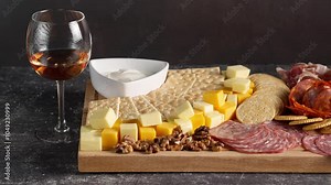 a cheese platter, a hand places a glass of rose wine next to a charcuterie board, serrano ham, salami, nuts, Greek yogurt