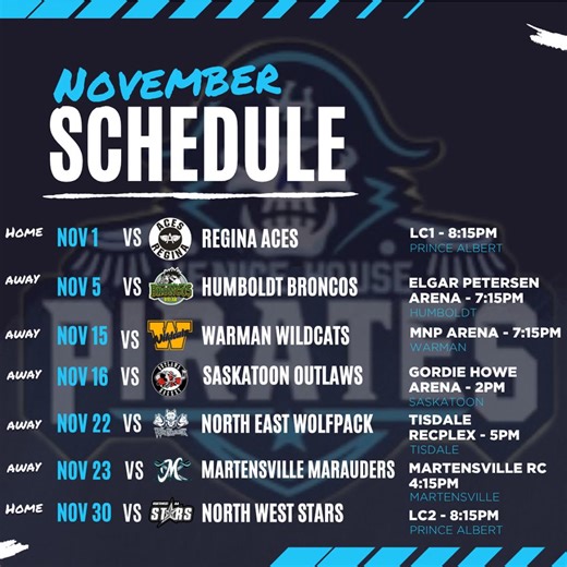 1.1K views | November Schedule...starting with a home game this Saturday Nov 1st 8:15pm at LC1! | U15 AA Venice House Pirates | Facebook