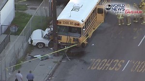 SCHOOL BUS CRASH: Surveillance video captures the moment a school bus – full of middle school students – slams into two parked cars and a utility pole after being hit by an SUV. The students on board the bus were not injured, but police are still on the hunt for the driver of a sedan that allegedly cut off the SUV before it swerved into oncoming traffic. | ABC World News Tonight with David Muir