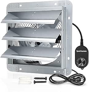 Shutter Exhaust Fan, 12 inch Wall Mount Attic Fans w/Speed Controller,1030 CFM,Chicken Coops Vent Fan for Greenhouse, Gable, Barn, Garage, Shed Ventilation Fan