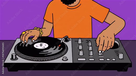 Animated cartoon DJ scratching a vinyl record on a turntable and mixer