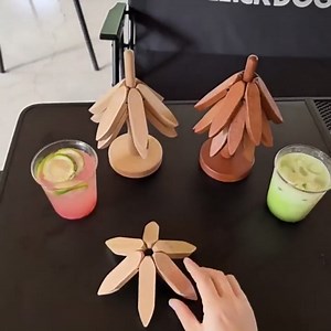 Stacking Tree Coasters, Wooden Trivets for Hot Dishes - 3 Layers Foldable, Brown & Beige