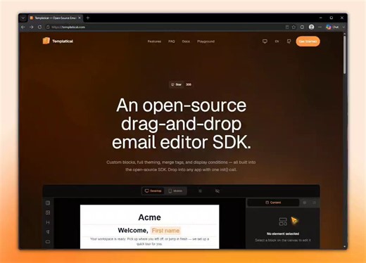Bruh... This open-source HTML Email Builder is amazing 🔥It's a drag-and-drop email builder SDK that lets users create email templates visually, without writing email code from scratch.→ drag-and-drop email builder→ pre-built email components→ customizable email layouts→ export as HTML, MJML, or JSONPerfect for building SaaS products, Ecommerce, CRMs, marketing platforms, or any application that needs email template creation :)Source 🔗: github(DOT)com/templatical/sdkFollow @rammcodes for more �