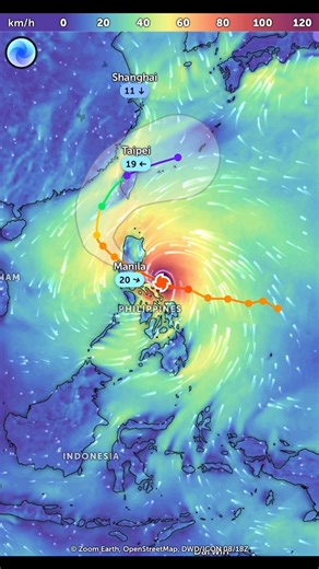 📍Live Satellite View — November 9, 2025 | 11:00 AM (Philippine Time) This real-time satellite video from Zoom Earth shows the current position and movement of the tropical cyclone affecting the Philippines. The storm’s center is currently located east of Manila, with maximum sustained winds of around 120 km/h, moving north-northwest toward Taiwan. The colored wind map illustrates intensity — red and orange areas indicate stronger winds, while green and blue zones represent weaker conditions. Re
