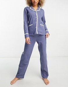 Lauren by Ralph Lauren soft knit long pajama set in heather blue | ASOS