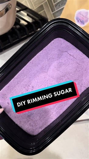 I couldnt get the purple rimming sugar that I normally buy in time for this weekends wedding. So, i made my own! This is best made with sugar crystals, not granulated sugar like this one in the video. It will work tho! This is 1 cup of sugar and 6 drops of food coloring. Add more food coling for a deeper color. Use a fork to mix the food coloring with the sugar. 💜 #lunathewanderingbar #bartenderhack #bartenderhacks #bartender #bartenderlife #bartendersoftiktok #mobilebar