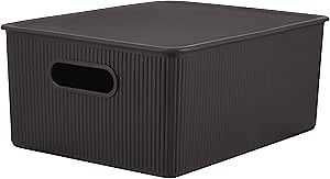 Superio Ribbed Collection - Decorative Plastic Lidded Home Storage Bins Organizer Baskets, Large Brown (1 Pack - 15 Liter) Stackable Container Box, for Organizing Closet Shelves Drawer Shelf