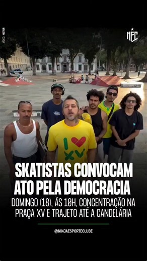 Neste domingo (18), às 10h, vai rolar uma skateada da Praça XV até a Candelária, no Rio de Janeiro, em defesa da democracia. A galera do skate, patins, bike, galera do rock, do rap e do funk está convocada para participar do ato. Quem quiser contribuir com materiais como sinalizadores, megafones, bandeiras e cartazes, pode entrar em contato com Heitor (@heitorheitorheitorheit) via dm.