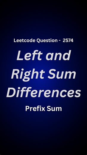 Govind Pothuraju on Instagram: "👉 Comment “CODE” if you want solutions in C++, Java & Python Day 43/200: LeetCode 2574 — Left and Right Sum Differences ⚖️ Given an integer array nums, Return a new array answer such that: answer[i] = |leftSum[i] - rightSum[i]| ✅ Brute Force: Compute left & right sums for every index → O(n²) ❌ ✅ Optimal (Prefix Sum): O(n) ✅ Approach: 1️⃣ Precompute prefix sums (sum of elements before each index). 2️⃣ Compute suffix sums (sum of elements after each index). 3️⃣ Tak
