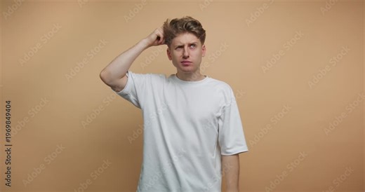 Man thinking with hand on head in four frames showing different expressions and gestures in a simple setting